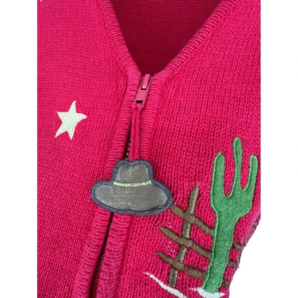Tiara‎ International Sweater Vest Large Red Western Cowgirl Cactus Zip Vintage
